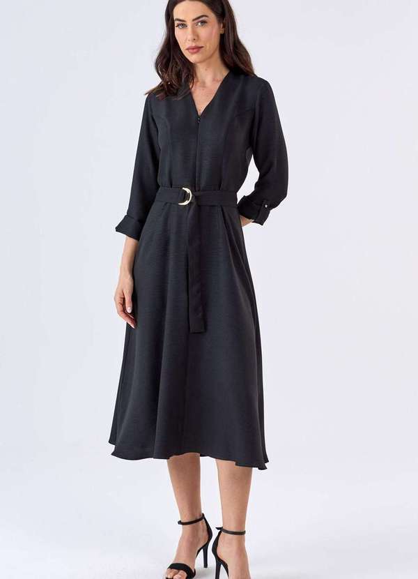 Vestido Midi Pks com Cinto Preto
