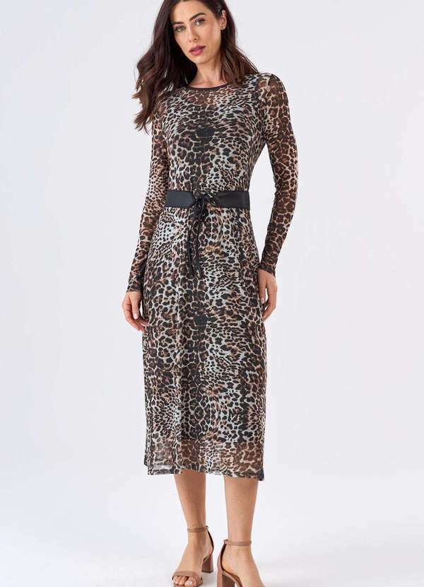 Vestido Midi Pks Tule Estampa Animal Print Preto