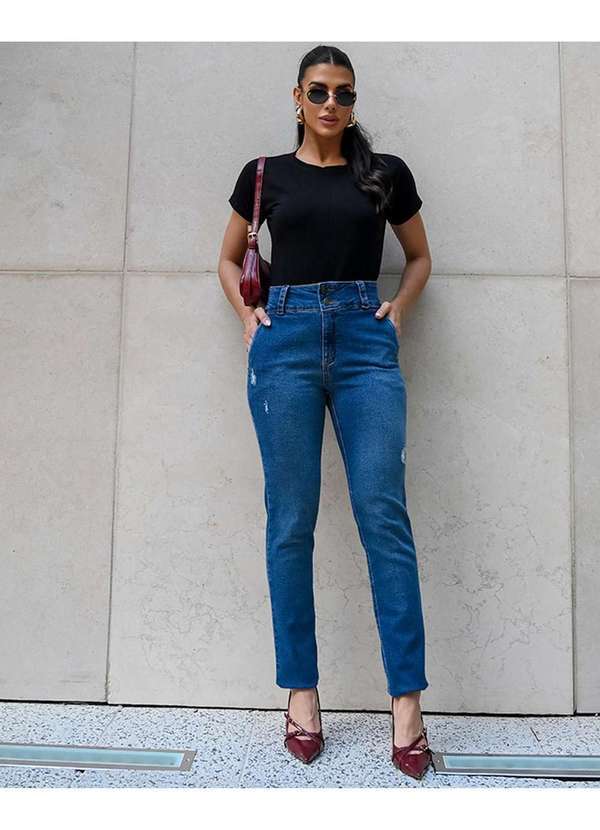 Calca Jeans Escura Reta Feminina Cintura Alta com Cos Largo Azul