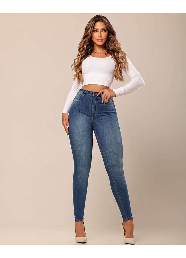 Calca Jeans Skinny Hot Feminina Cintura Alta Detalhe Bolso Azul