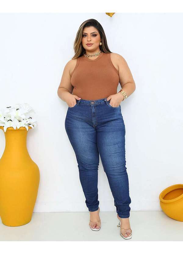 Calca Jeans Skinny Plus Size Feminina Cintura Alta Detalhe Bolso Azul