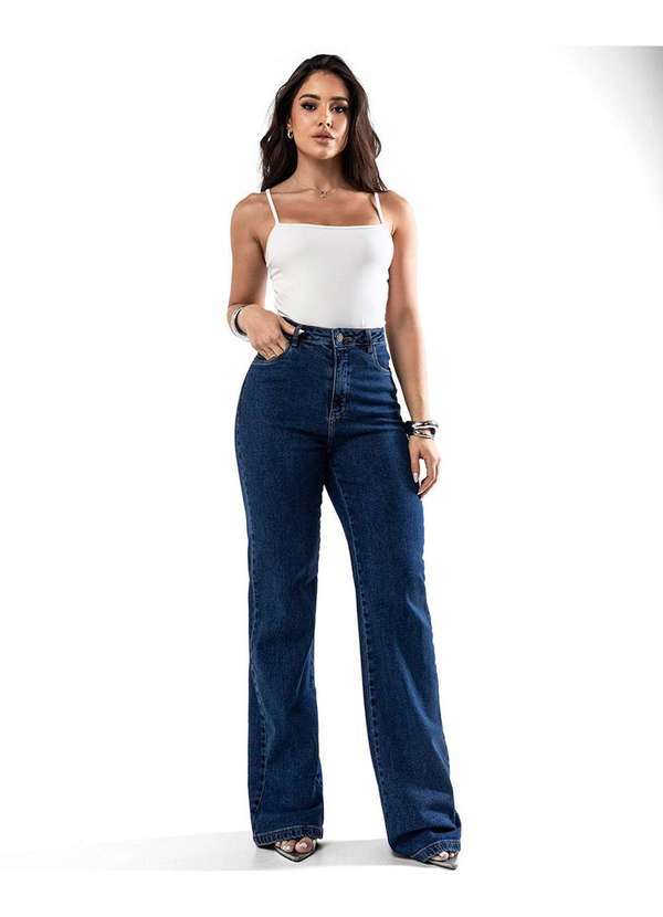 Calca Jeans Wide Leg Feminina Cintura Alta Basica com Elastano Azul