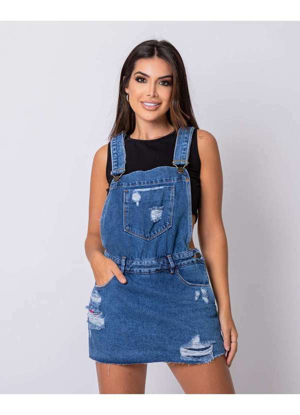 Jardineira Jeans Feminina Shorts Saia com Barra no Fio Azul