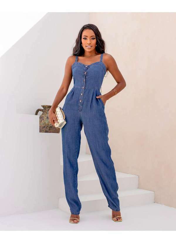 Macacao Jeans Feminino de Alca com Botoes Frontais Azul