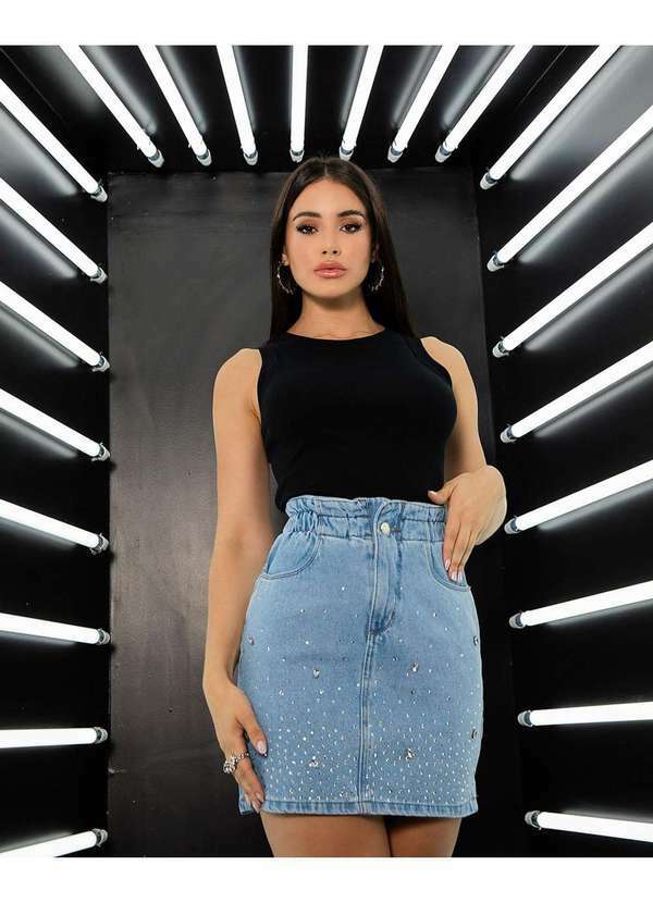 Mini Saia Jeans Clochard Feminina Cintura Alta com Aplicacao Azul