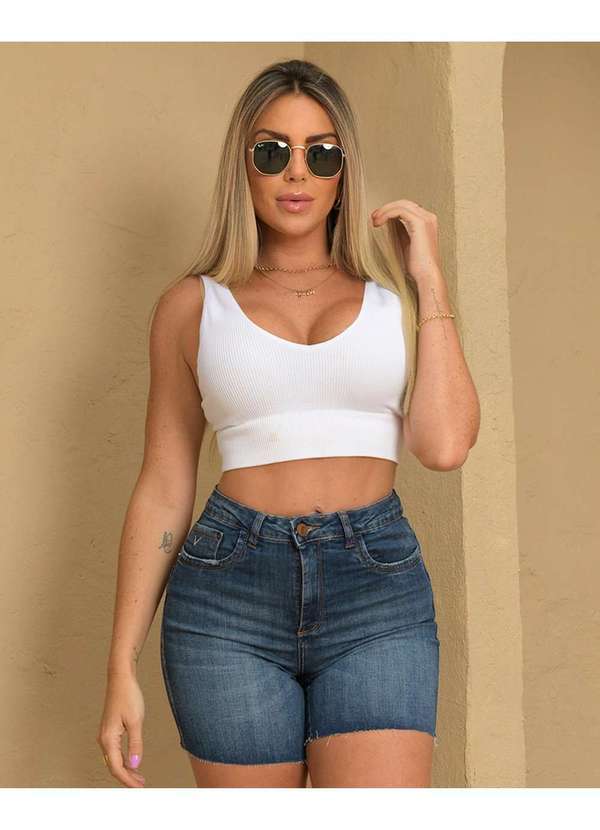 Bermuda Jeans Feminina Meia Coxa Cintura Alta com Elastano Azul