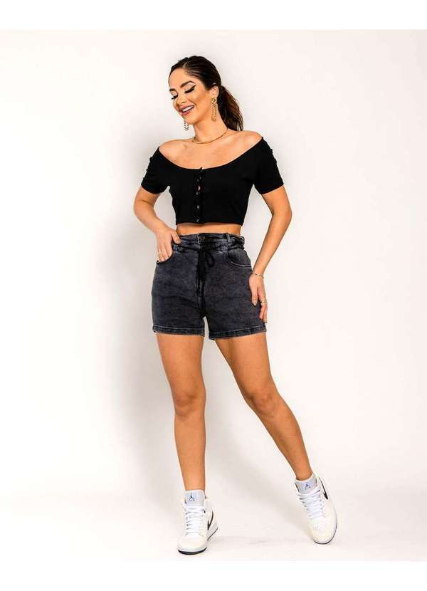 Shorts Feminino Jeans Rope Cintura Alta com Elastano Preto