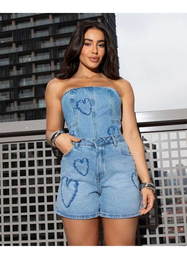 Shorts Jeans Feminino Mom com Silk Coracao Azul