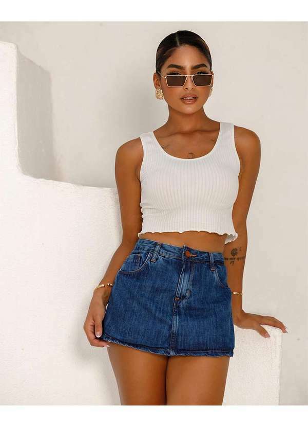 Shorts Saia Jeans Feminino Cintura Alta com Detalhe na Costura Azul