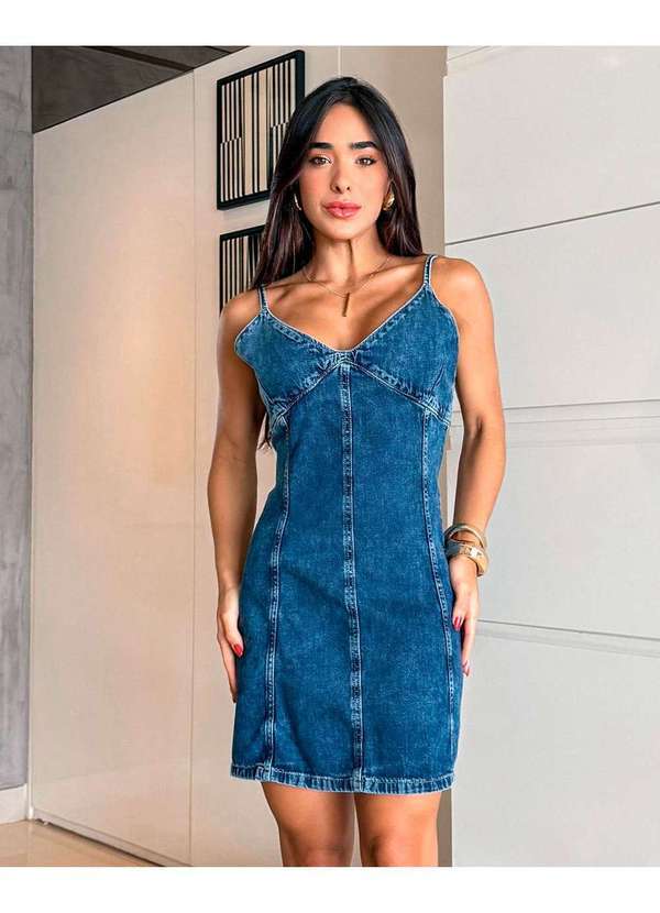 Vestido Jeans Feminino de Alca com Ziper na Lateral Azul