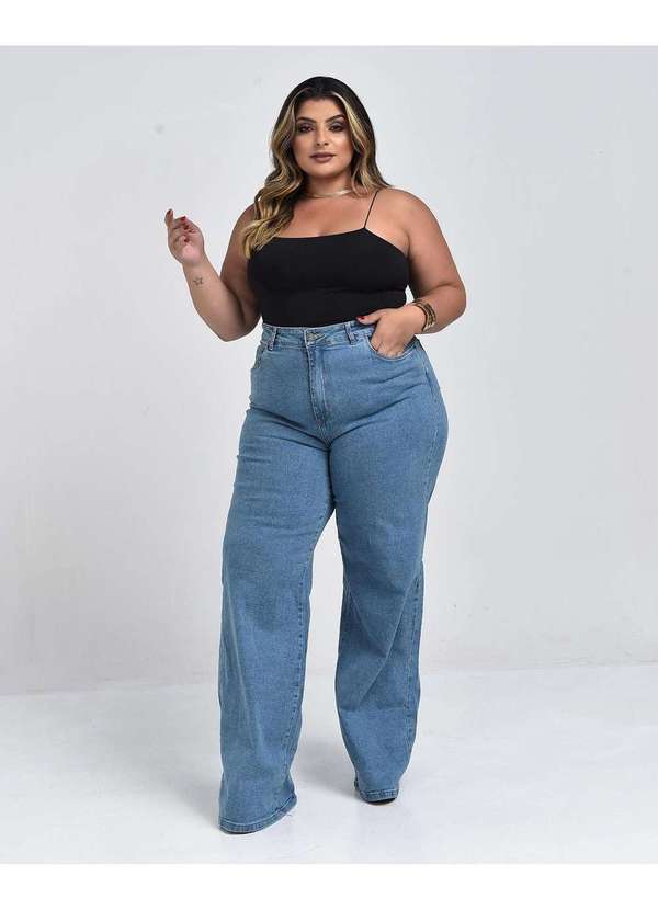 Calca Jeans Wide Leg Plus Size Feminina Cintura Alta Basica Azul