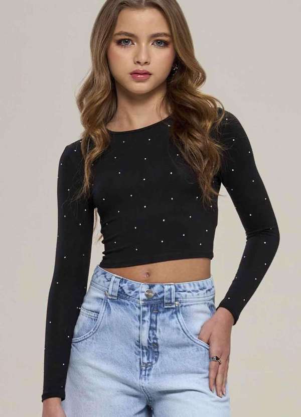 Blusa Cropped Manga Longa Preto Vanilla Cream Preto