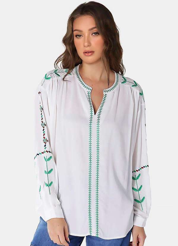 Blusa Branca Boho em Viscose e Linho Mangas Bordada Sob - Branco