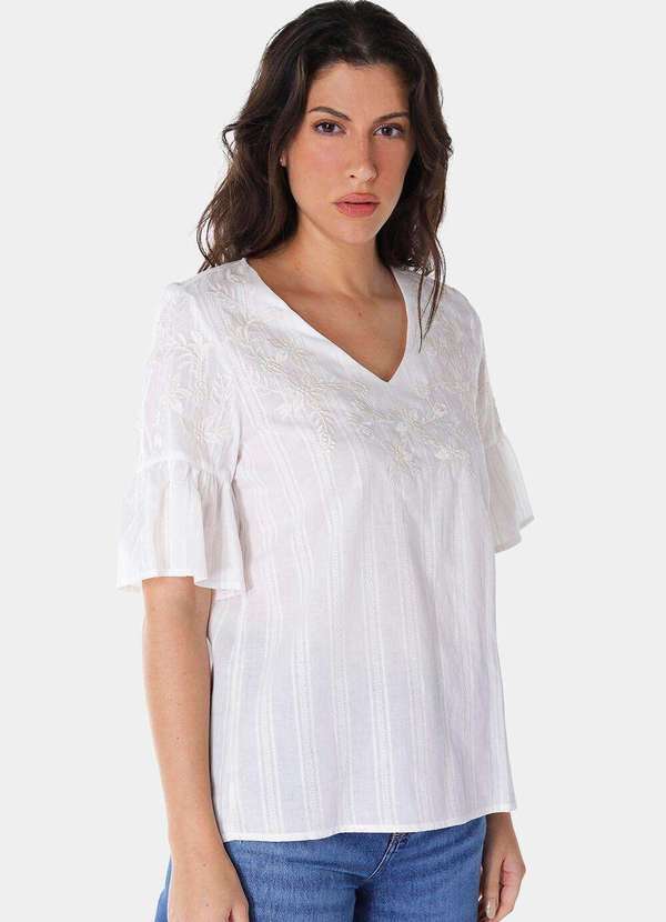 Blusa Branca Bordada Gola V com Mangas 3/4 Algodão Boho - Branco