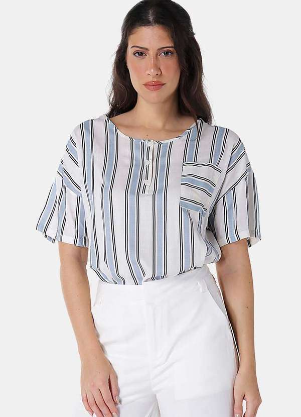 Blusa de Viscose com Mangas Listrada - Azul