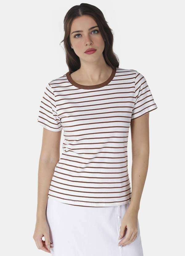 Blusa Feminina Listrada Marrom Retrô em Malha de Algodão - Marrom