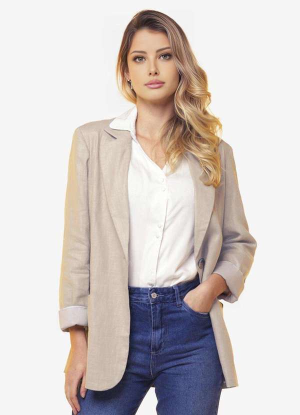 Blazer de Linho Puro Areia Feminino Sob Longo com Bolsos - Bege