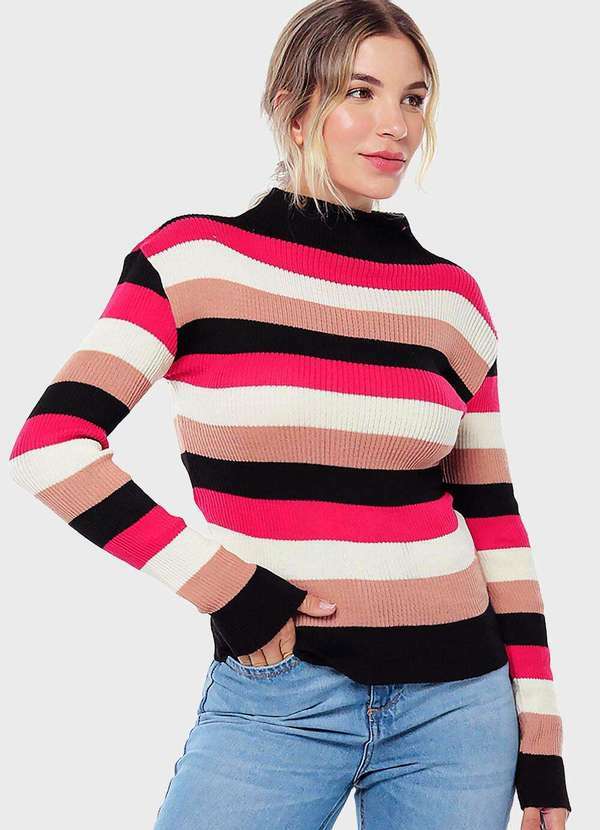 Blusa de Tricot Listrada Gola Alta Sob Rosa e Preta - Preto