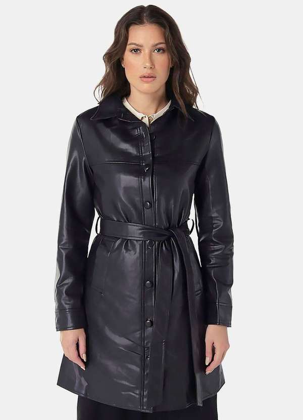 Casaco Trench Coat Pu Preto Longo Forrado - Preto