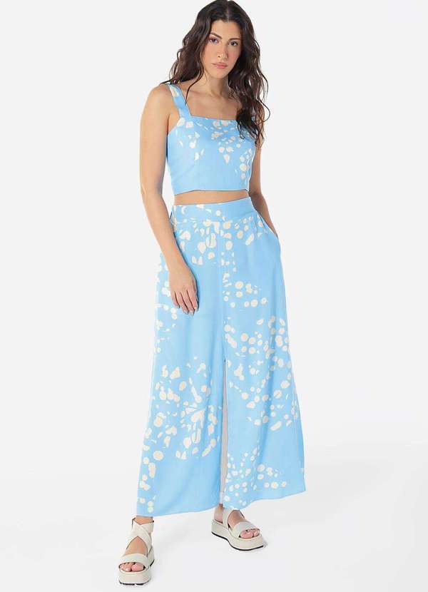 Conjunto Saia Longa com Bolsos e Top Estampado Azul Sob - Azul