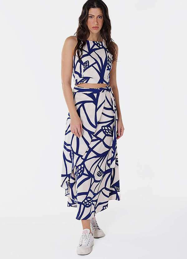 Conjunto Saia Longa e Blusa com Bojo Estampado - Bege