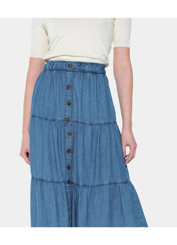 Saia Midi Jeans em Camadas com Botões - Azul