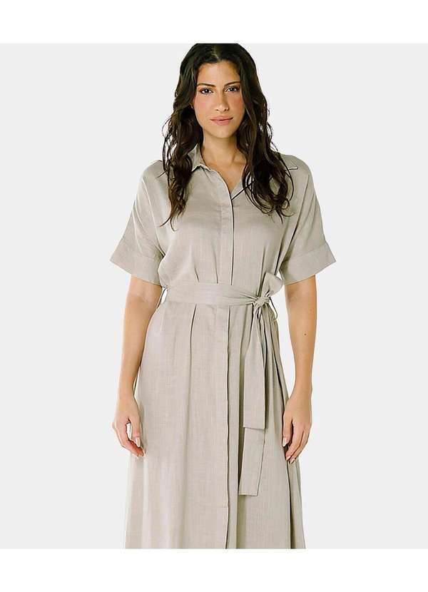 Vestido Midi de Linho Chemise Manga Curta Sob - Bege