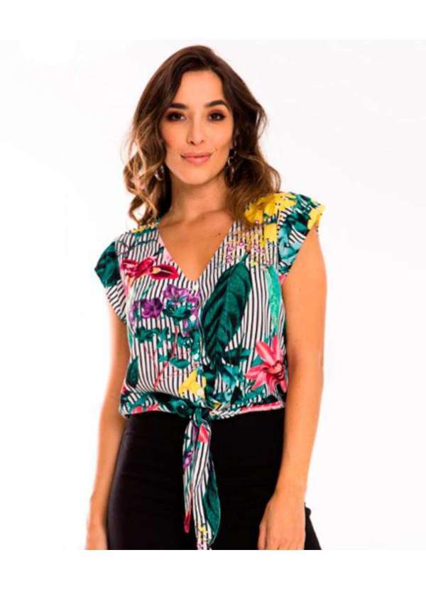 Blusa Feminina Estampada Listrada Floral Amarracao - Branco