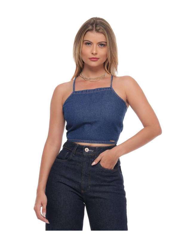 Blusa Feminina Jeans Cropped Alça Fina Amarração Casual - Lavagem Média