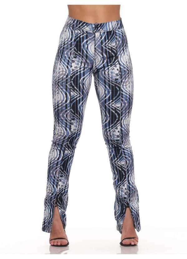 Calça Feminina Sarja com Elastano Estampada Barra Fenda - Azul