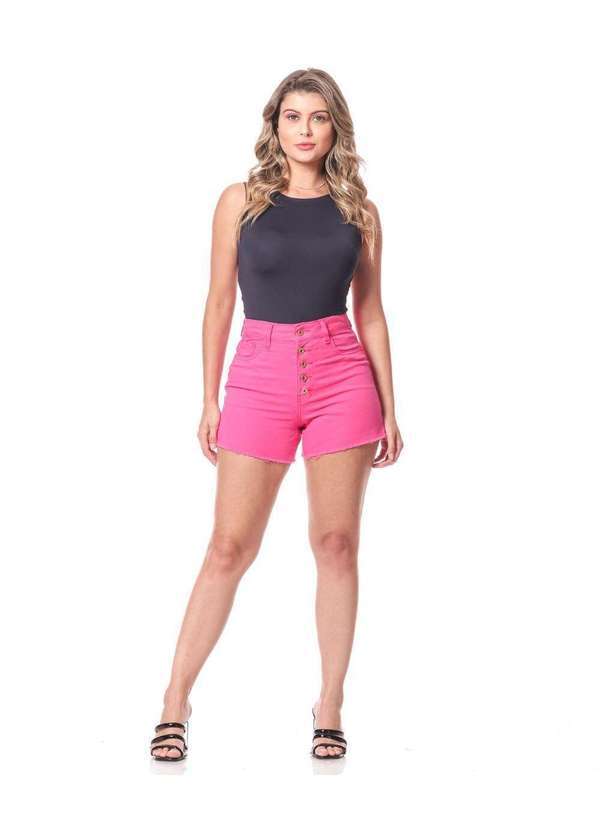 Shorts Feminino Sarja Lycra Boyfriend Pink Cintura Alta - Rosa