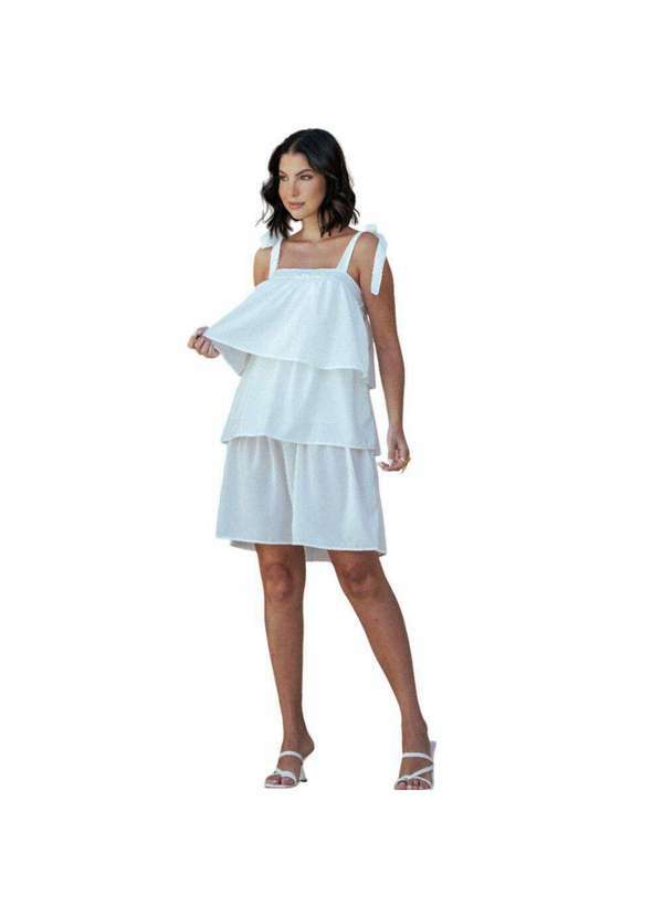 Vestido Branco Feminino com Babados e Alça Ajustava - Branco