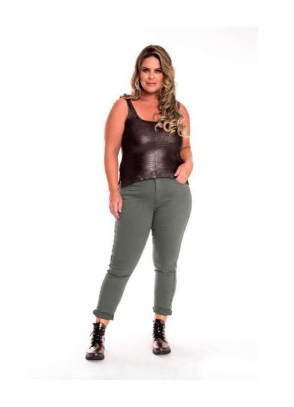 Calça Feminina Cigarrete Sarja Plus Aplicação - Cinza