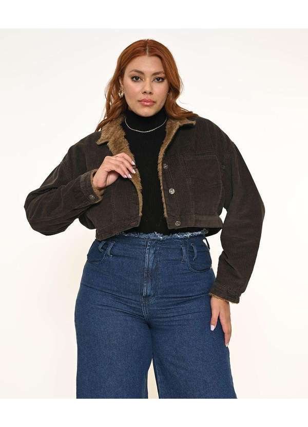 Jaqueta Feminina Veludo Cropped Plus Marrom C/Pelo - Marrom