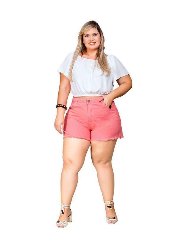 Shorts Feminino Sarja Boyfriend Plus Razon Jeans - Chiclete