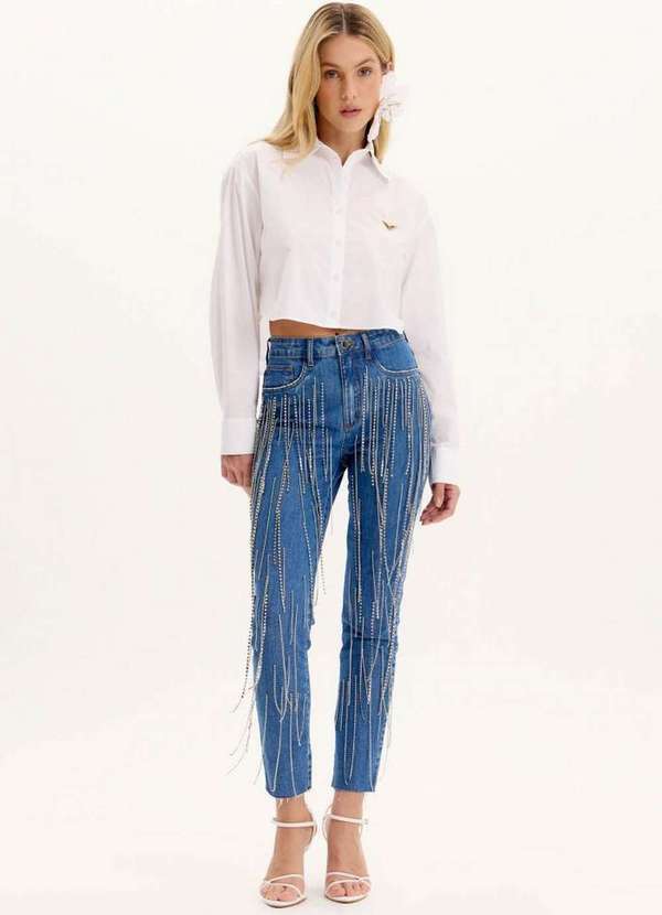 Calça Skinny Jeans com Franjas de Brilhos A0004
