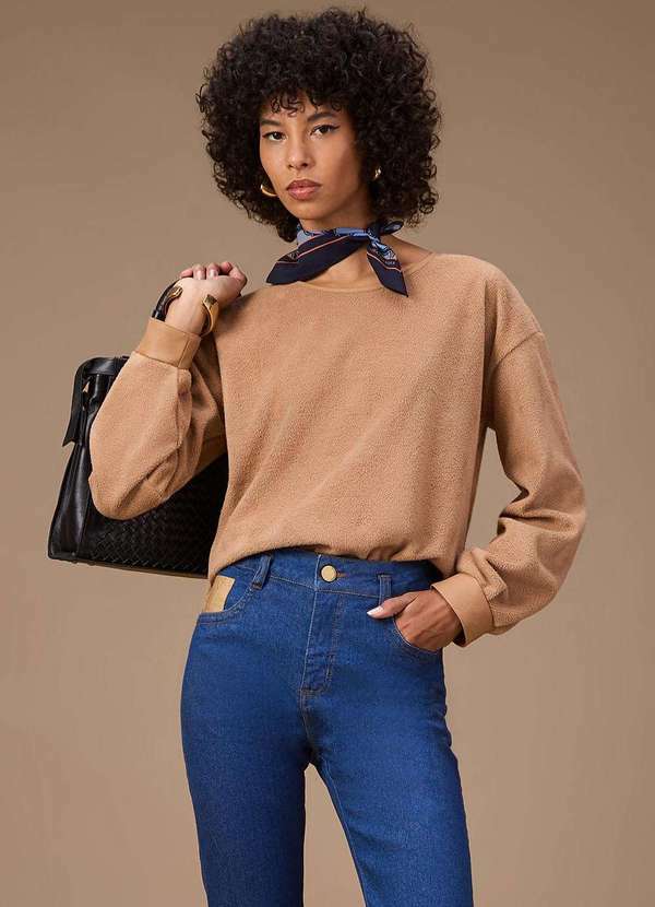 Blusa Maria.Valentina Solta Gola Alta Manga Longa Padrão Marrom Marrom