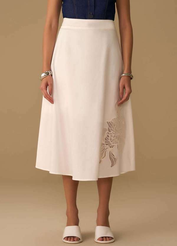 Saia Maria.Valentina Evasê Alta Midi Off White Branco