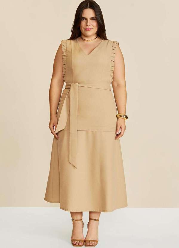 Vestido Solto Decote V sem Manga Midi Bege Bege