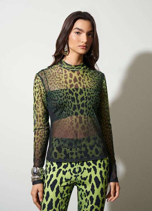 Blusa Lebôh Gola Alta Manga Longa Estampada Verde Verde