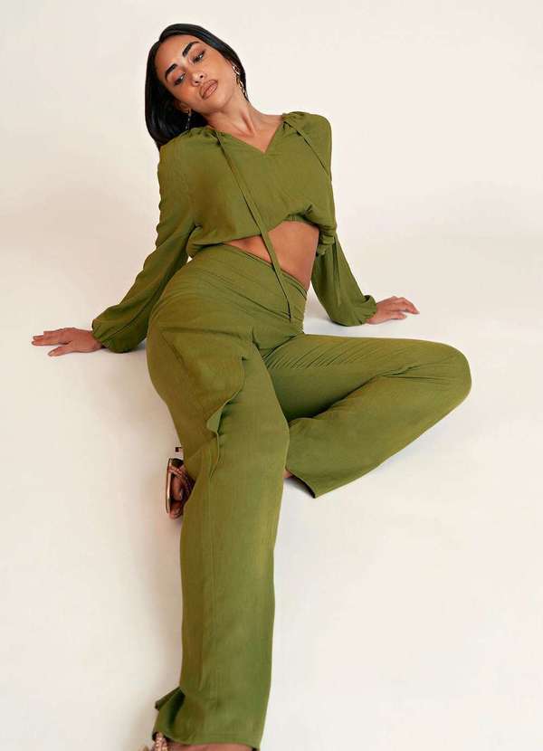 Blusa Zinco Cropped Decote V Manga Longa com Amarração Verde Verde