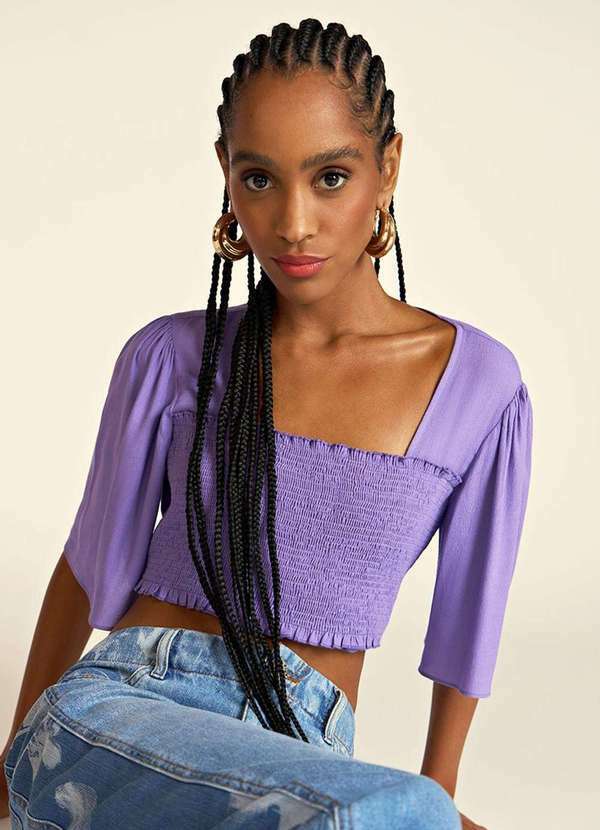 Blusa Zinco Decote Reto Manga Flare com Lastex Roxo Roxo