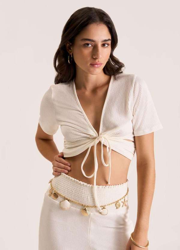 Blusa Zinco Decote V Manga Curta Detalhe Amarril Off White Branco