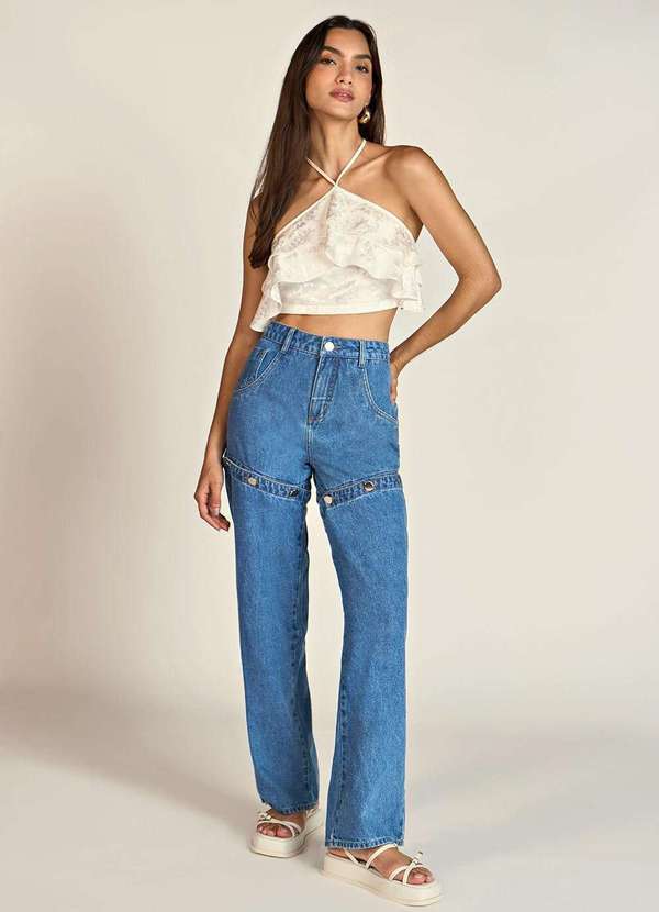 Calça Zinco Wide Leg Cós Intermediário com Botão Jeans Azul