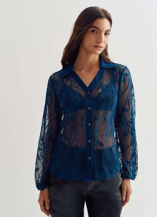 Camisa Lebôh Manga Longa com Botões Azul Marinho Azul