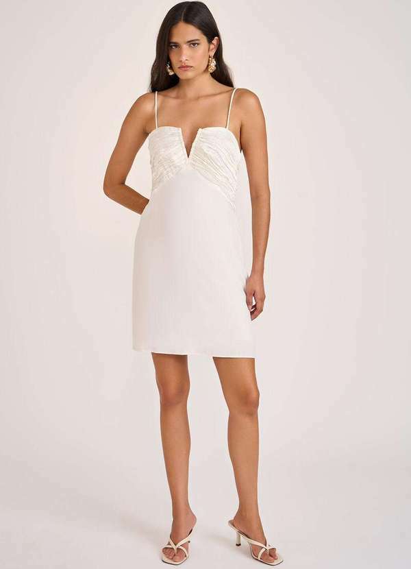 Vestido Zinco Ajustado Decote V sem Manga Curto Off White Branco