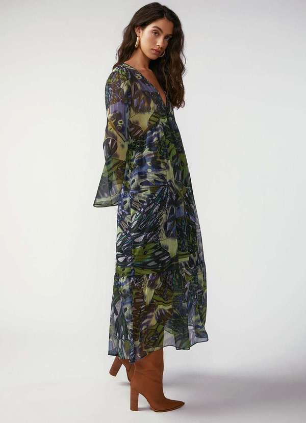 Vestido Zinco Solto Decote V Manga Longa Longo Verde Verde