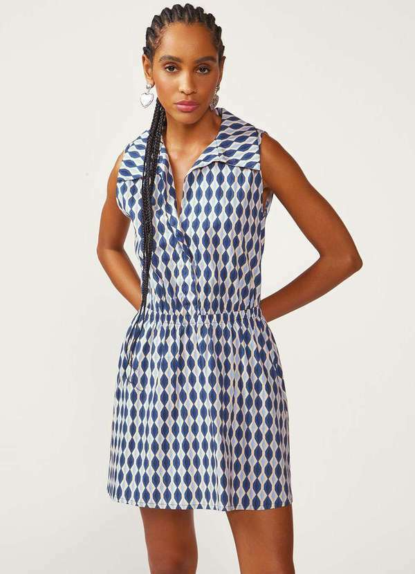Vestido Zinco Solto Decote V sem Manga Curto Azul Azul