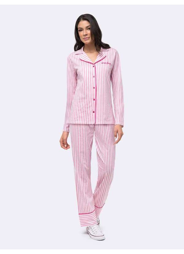 Pijama Manga Longa Americano Listrado Rosa