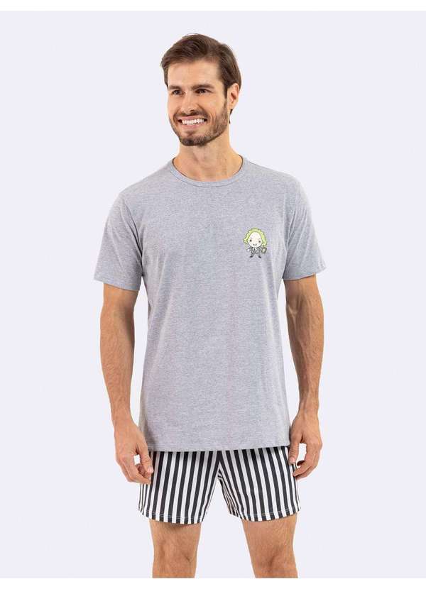 Pijama Manga Curta Masculino Mescla Beetlejuice Cinza